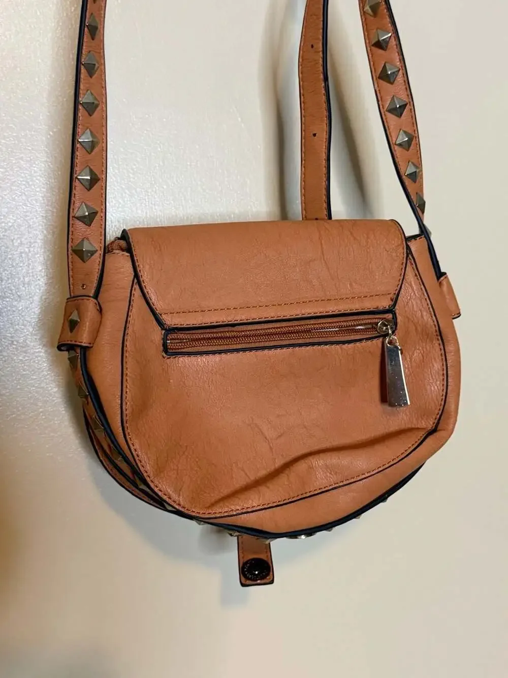 Tan Saddle Crossbody Bag Studded Strap Faux Leather Boho Handbag